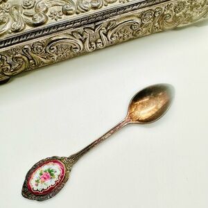 Vintage Floral Enamel Silver Spoon